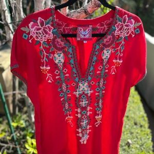 Johnny Was! Red, Linen Dress with Beautiful Embroidered Detail.